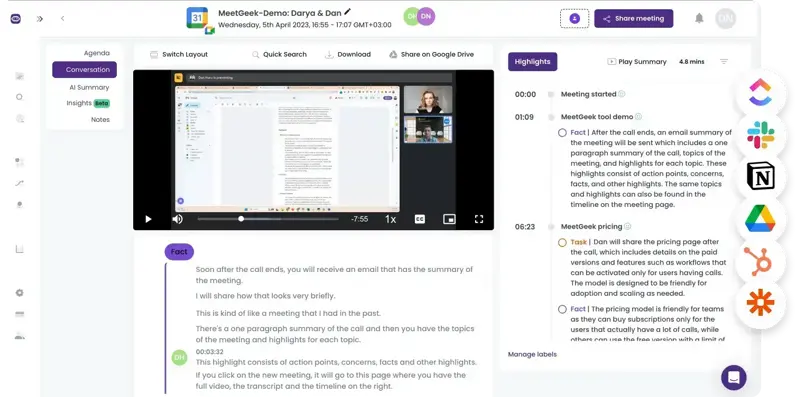 MeetGeek meeting analysis with video, transcript, speaker metrics, and AI insights