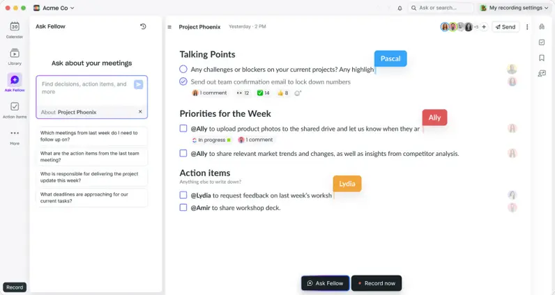 Fellow Ask AI panel beside shared talking points and assigned action items