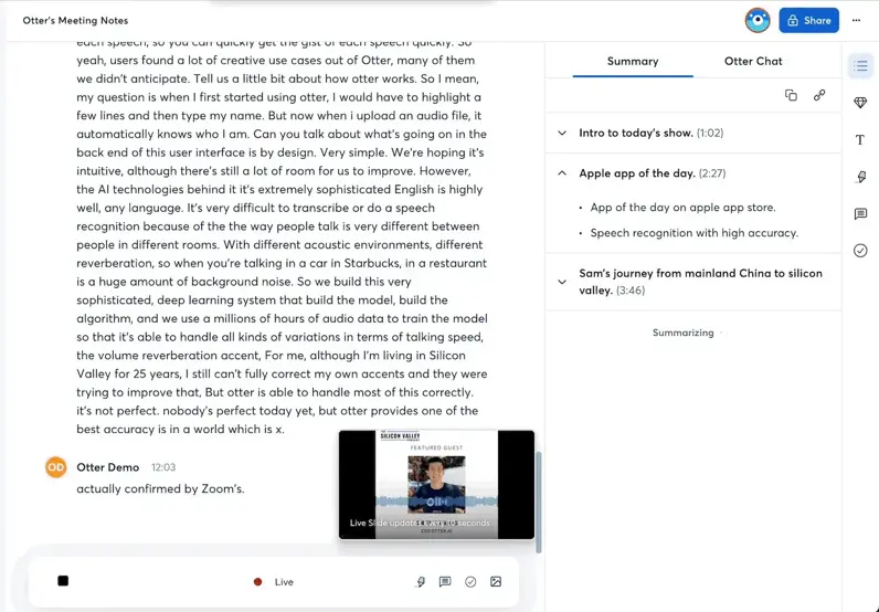 Otter product-launch meeting summary with transcript and meeting details