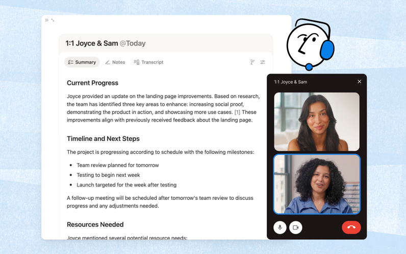 Notion AI meeting note beside an active video call
