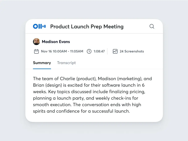 Otter product-launch meeting summary card with transcript tab and screenshots
