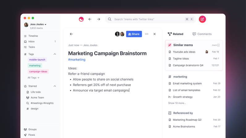 Mem marketing brainstorm note with related notes and workspace navigation