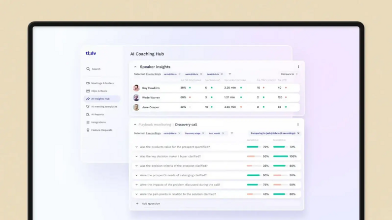 tl;dv coaching dashboard with speaker insights and meeting playback