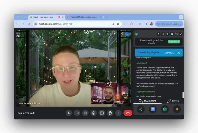 Tactiq live transcript panel beside a Google Meet call