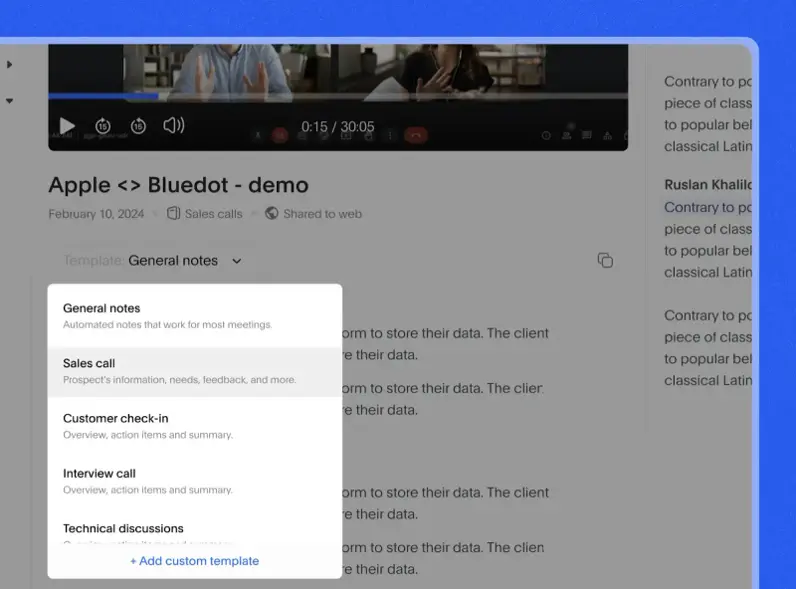 Bluedot meeting note with transcript text and selectable note templates