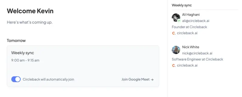 Circleback onboarding screen with an upcoming meeting and automatic-join control