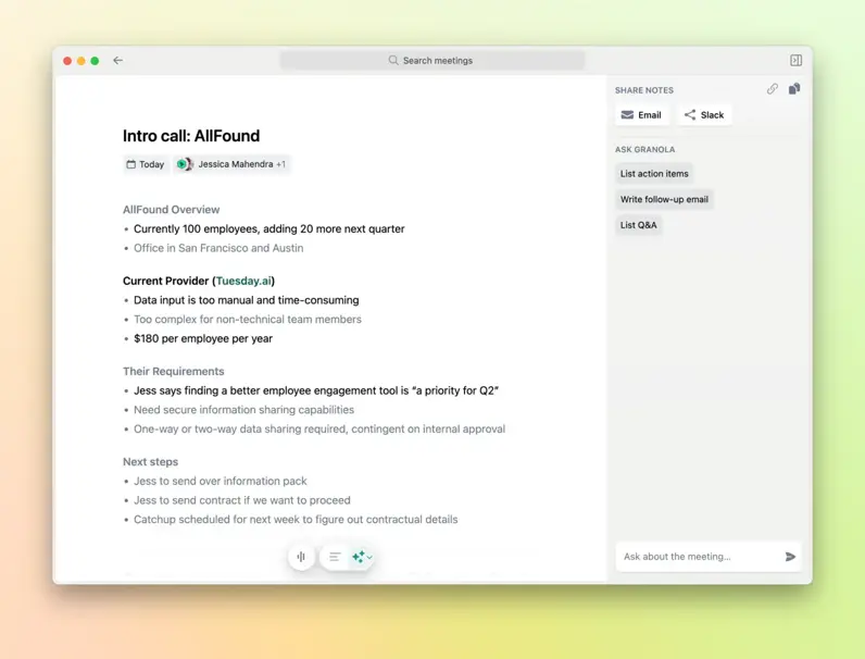 Granola collaborative meeting note with AI-generated summary and action items