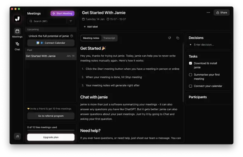 Jamie meeting-note workspace with a generated summary and AI assistant