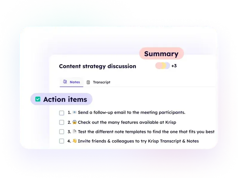 Krisp generated meeting summary with an action-item checklist
