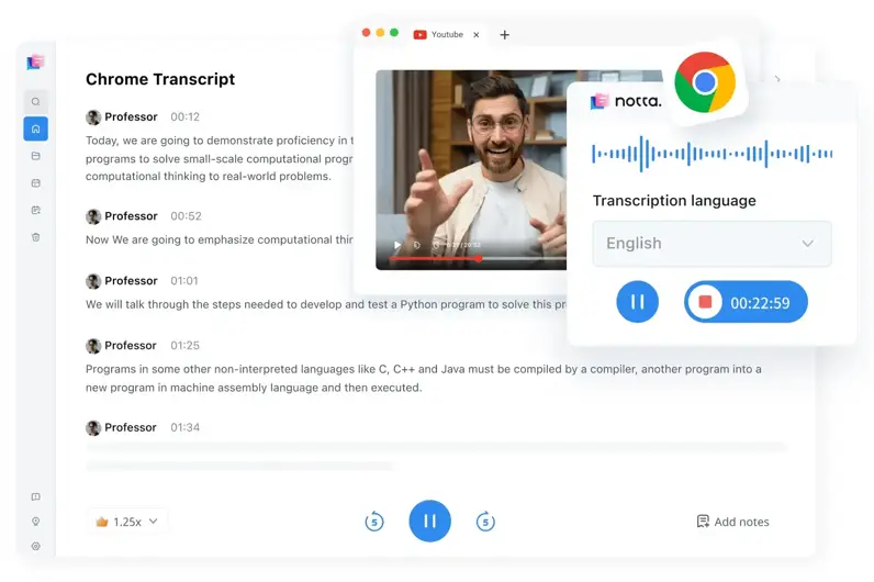 Notta Chrome Transcript view with a YouTube video and live language controls