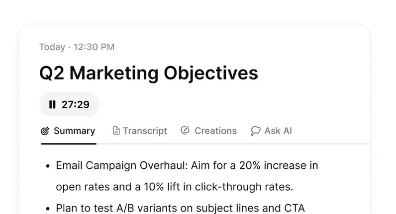 Voicenotes meeting record with summary, transcript, creations, and Ask AI tabs