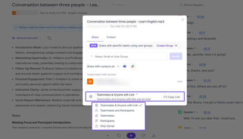Fireflies' meeting recap sharing settings, with 'Teammates & anyone with the link' set as the default access level