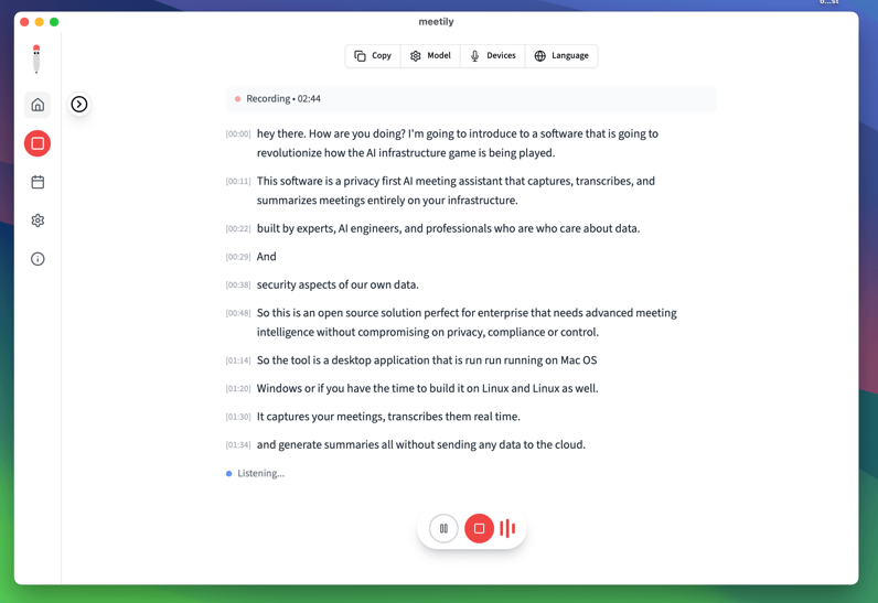 Meetily workspace with transcript, summary, decisions, and action items
