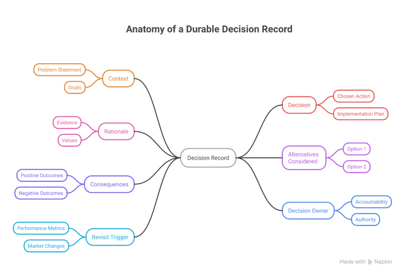 The context, alternatives, consequences, and review trigger around a decision record