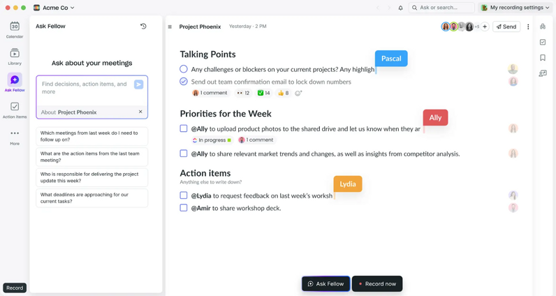 Fellow Ask AI panel beside shared talking points and assigned action items