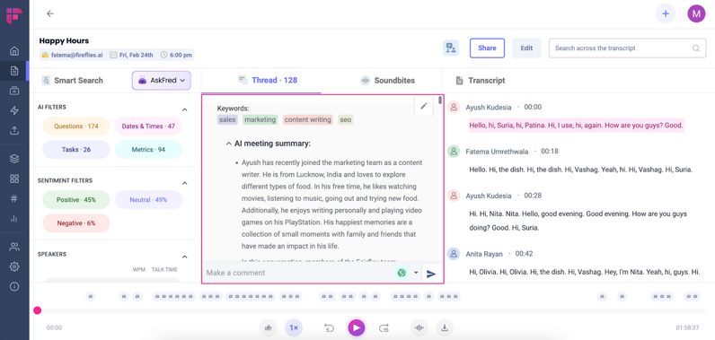 Fireflies meeting workspace with summary, transcript, sentiment, and speaker timeline