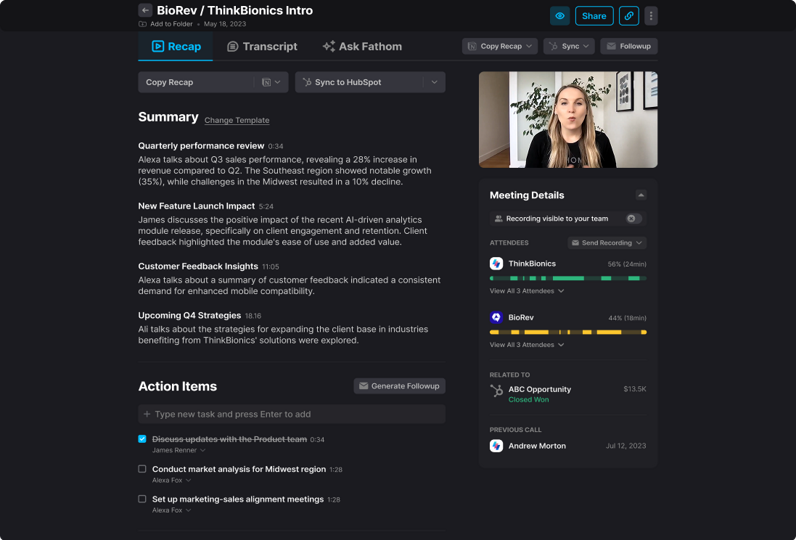 Fathom Recap workspace with meeting video, AI summary, and action items