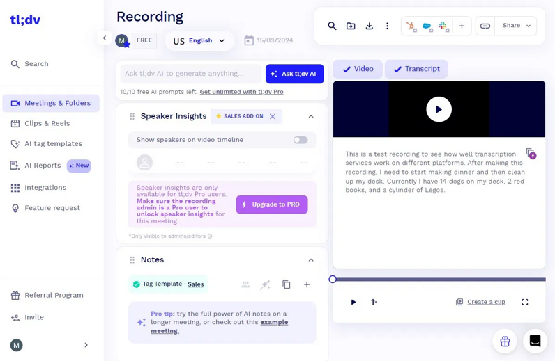 tl;dv recording workspace with video, transcript, notes, and speaker insights