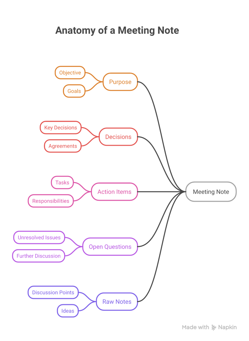 The anatomy of a useful meeting note, with outcomes above raw discussion