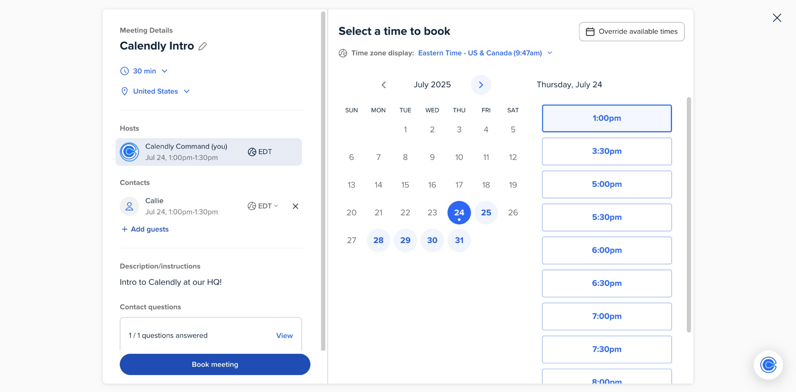 Calendly event-type settings beside a calendar of available time slots