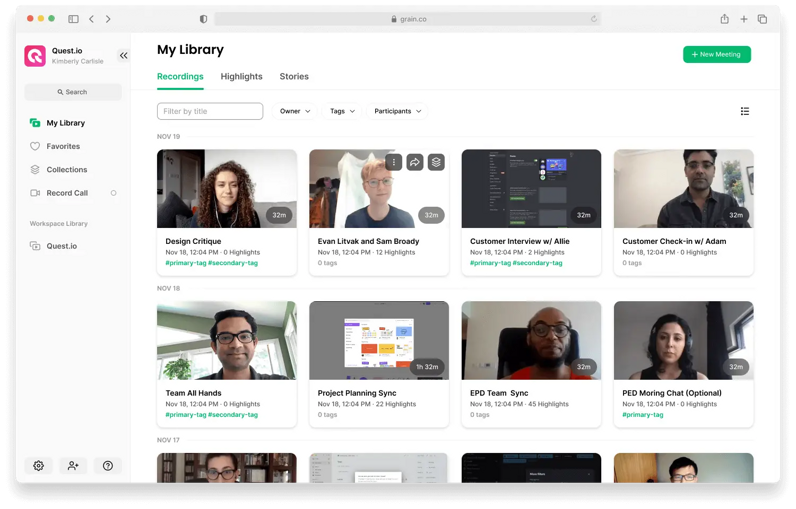Grain meeting library with recordings, highlights, and stories