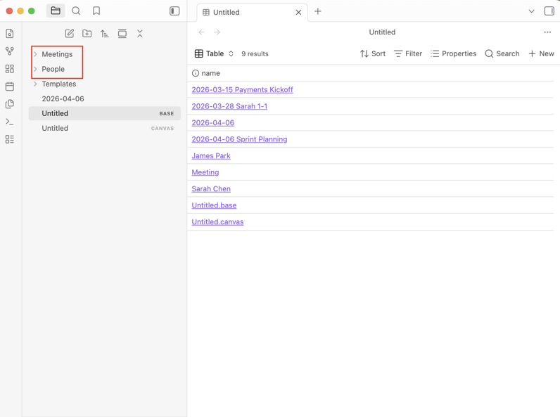 Obsidian vault with Meetings and People folders