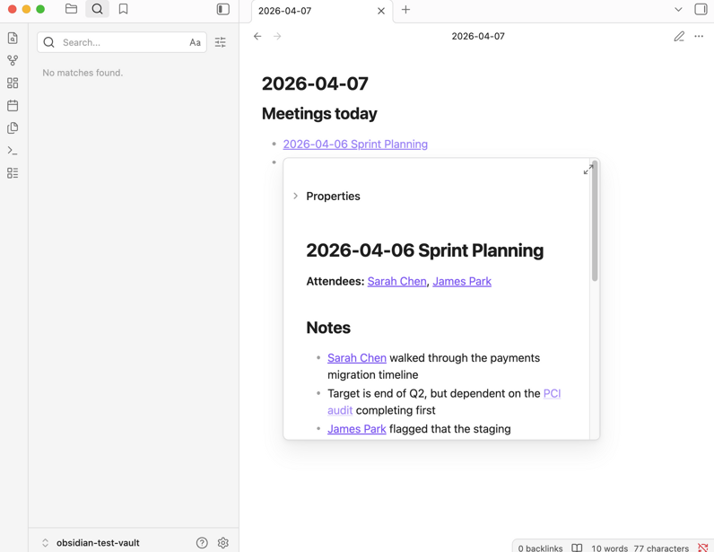Daily note with wikilinks to today's meeting notes