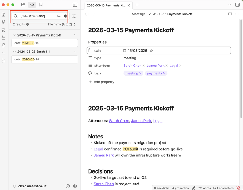 Obsidian search filtering notes by date property