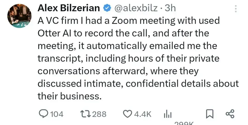 Post alleging that Otter continued recording and emailed a private conversation after a Zoom meeting