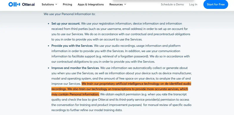 Otter privacy-policy language about training AI on de-identified recordings and transcripts