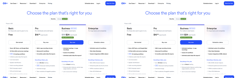 Otter.ai's Basic, Pro, Business, and Enterprise pricing tiers on the monthly billing view
