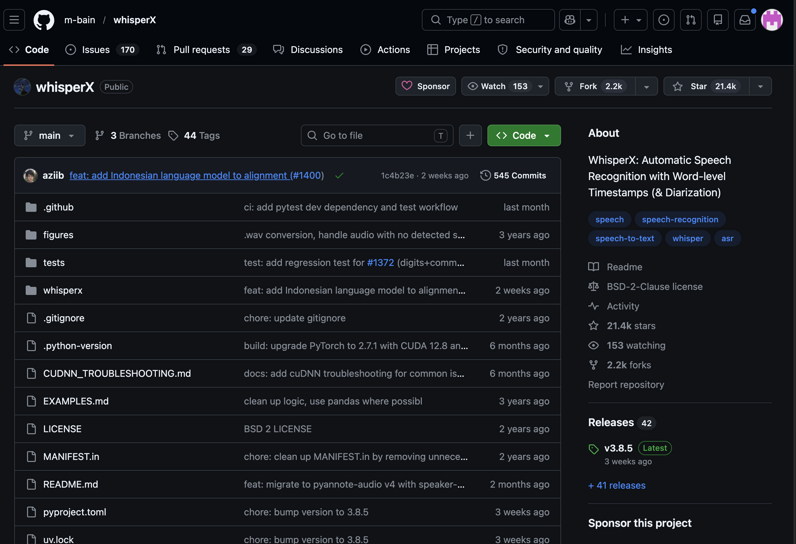 WhisperX GitHub repository with installation files and project documentation