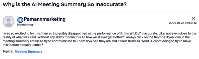 Zoom community post reporting an inaccurate AI Meeting Summary