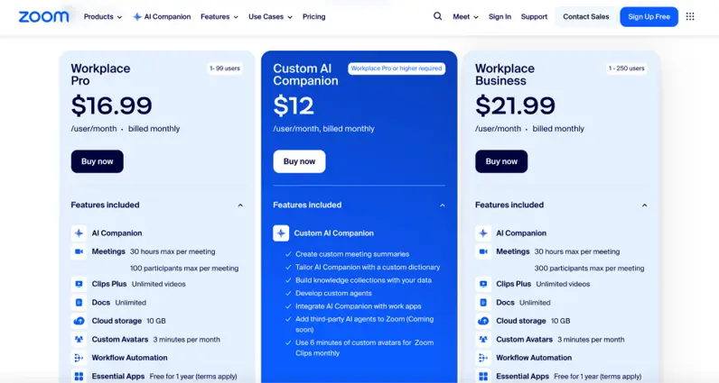 zoom ai companion pricing