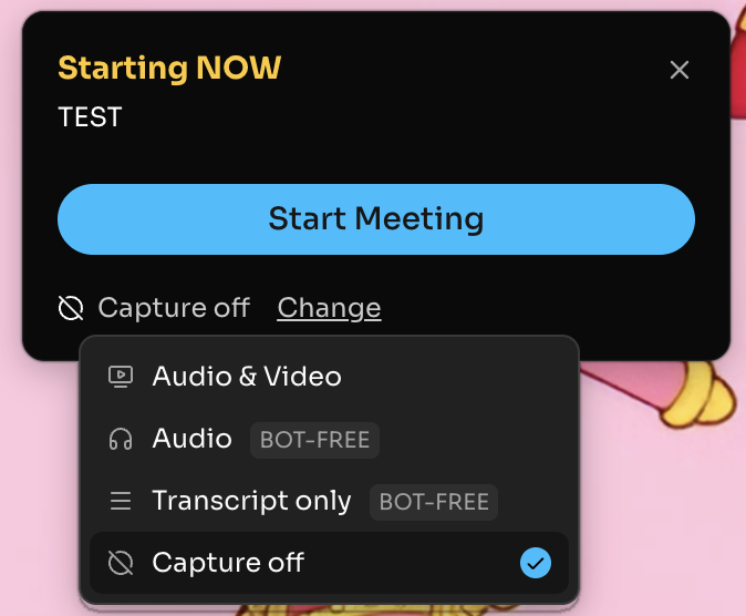 Fathom 3.0 capture-mode menu with two bot-free options and one bot option