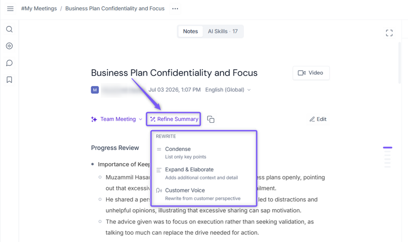 Fireflies meeting summary with controls to refine, expand, and regenerate the summary