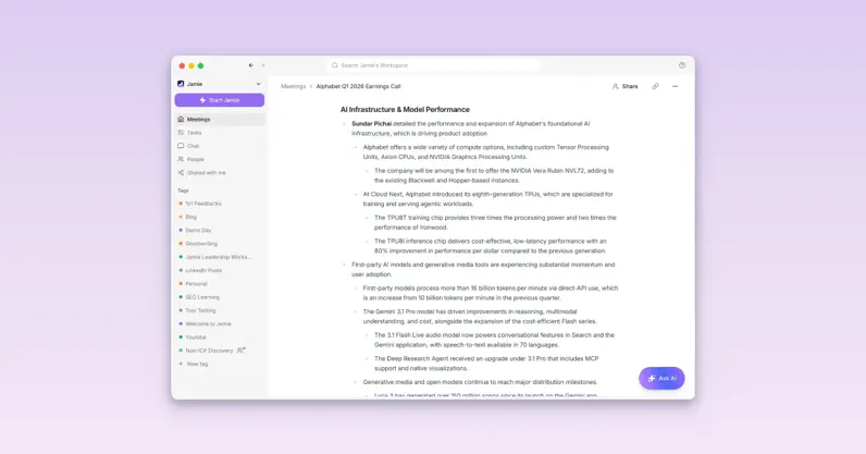 Jamie workspace showing a generated meeting note and AI assistant