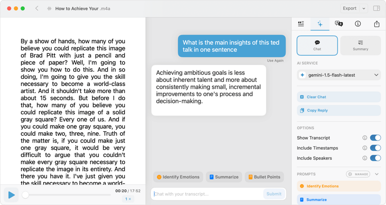 MacWhisper transcript with the AI chat panel and model selector