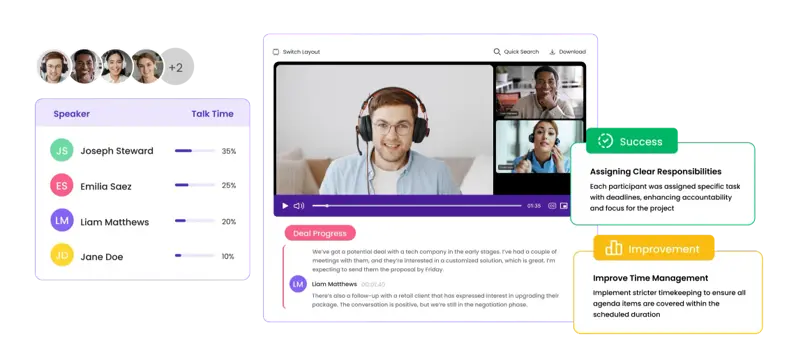 MeetGeek meeting view with speaker talk time, video, transcript, and AI insights