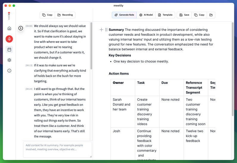 Meetily interface showing a timestamped transcript beside a generated summary, decisions, and action items