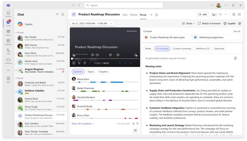 Microsoft Teams Intelligent Recap and Copilot view with AI summary, transcript, and speaker timeline