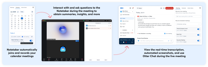 Otter Notetaker calendar controls, visible meeting participant, and live transcript workspace