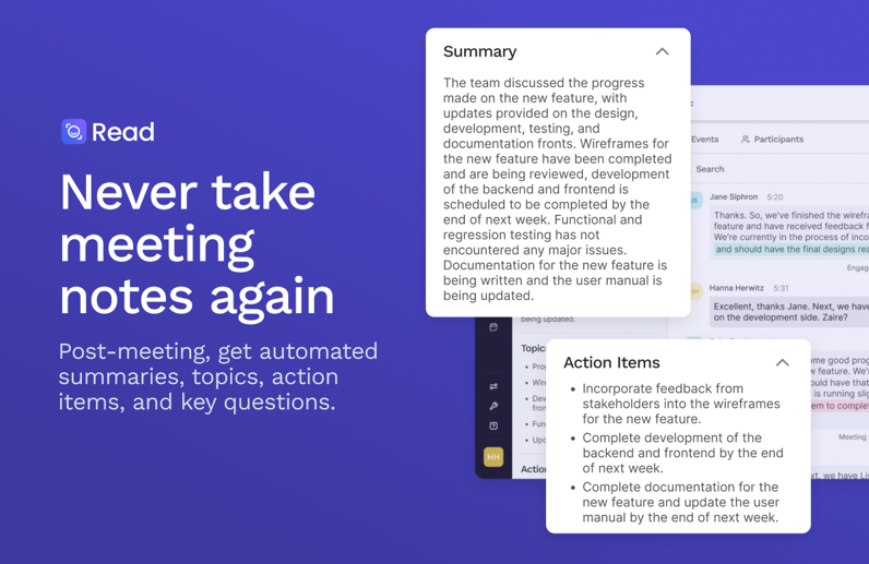 Read AI meeting summary with generated summary, action items, and transcript context