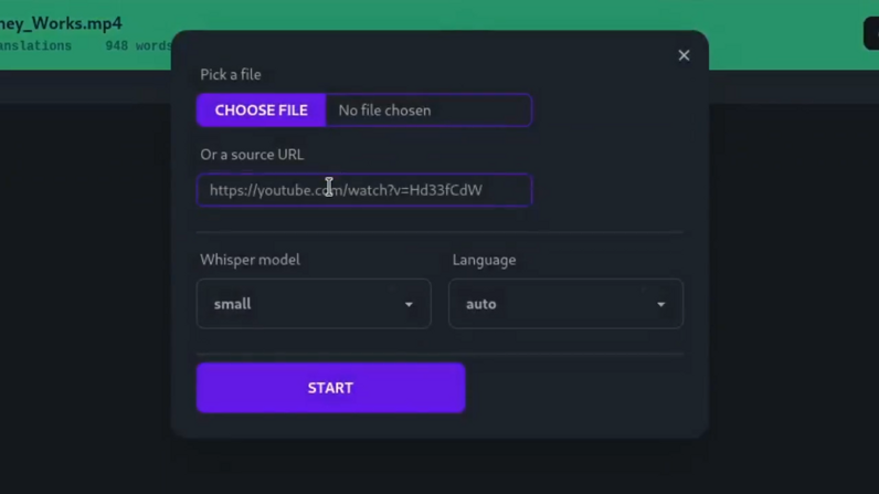 Whishper upload dialog with file, URL, model, and language controls