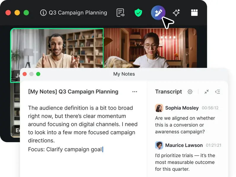 Zoom My Notes open during a call with live notes and transcript controls