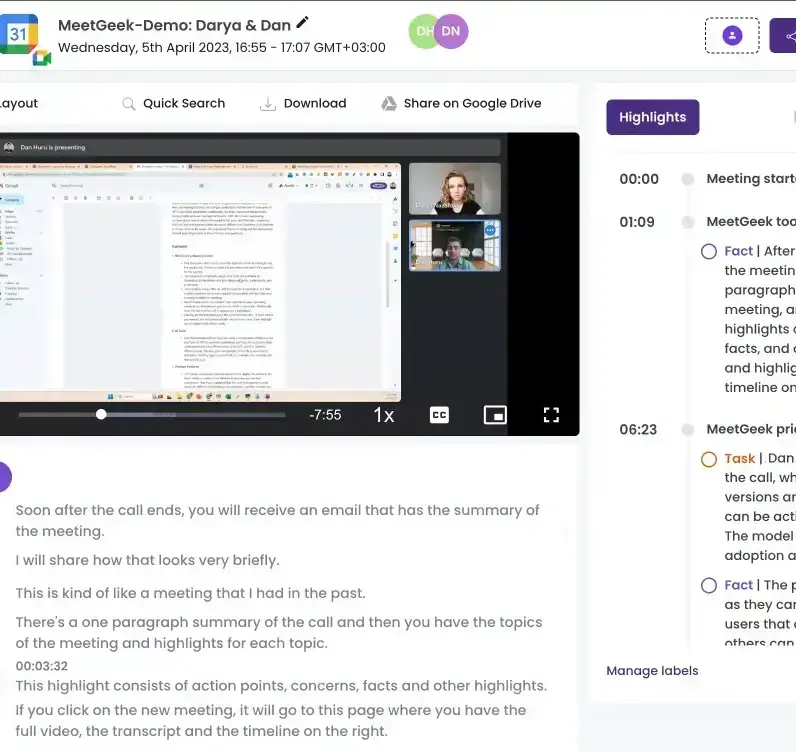 MeetGeek meeting analysis with video, transcript, speaker metrics, and AI insights