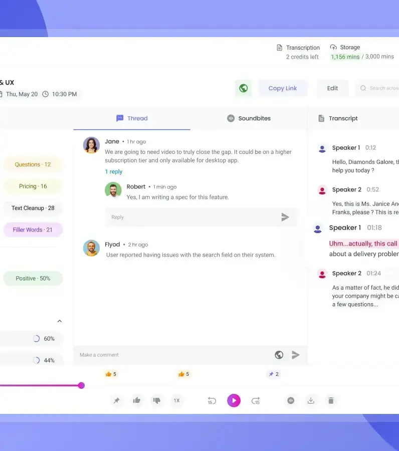 Fireflies meeting workspace with AI summary, transcript, speakers, and playback controls
