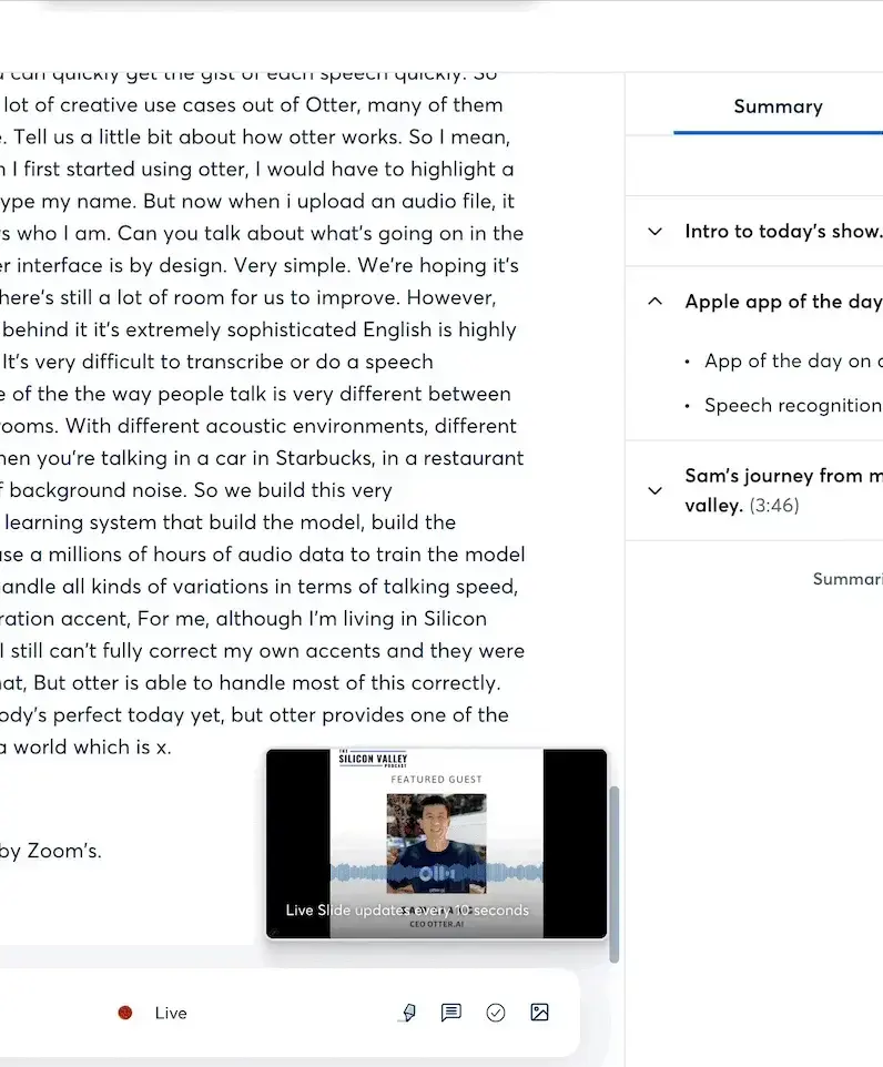 Otter product-launch meeting summary with transcript and meeting details