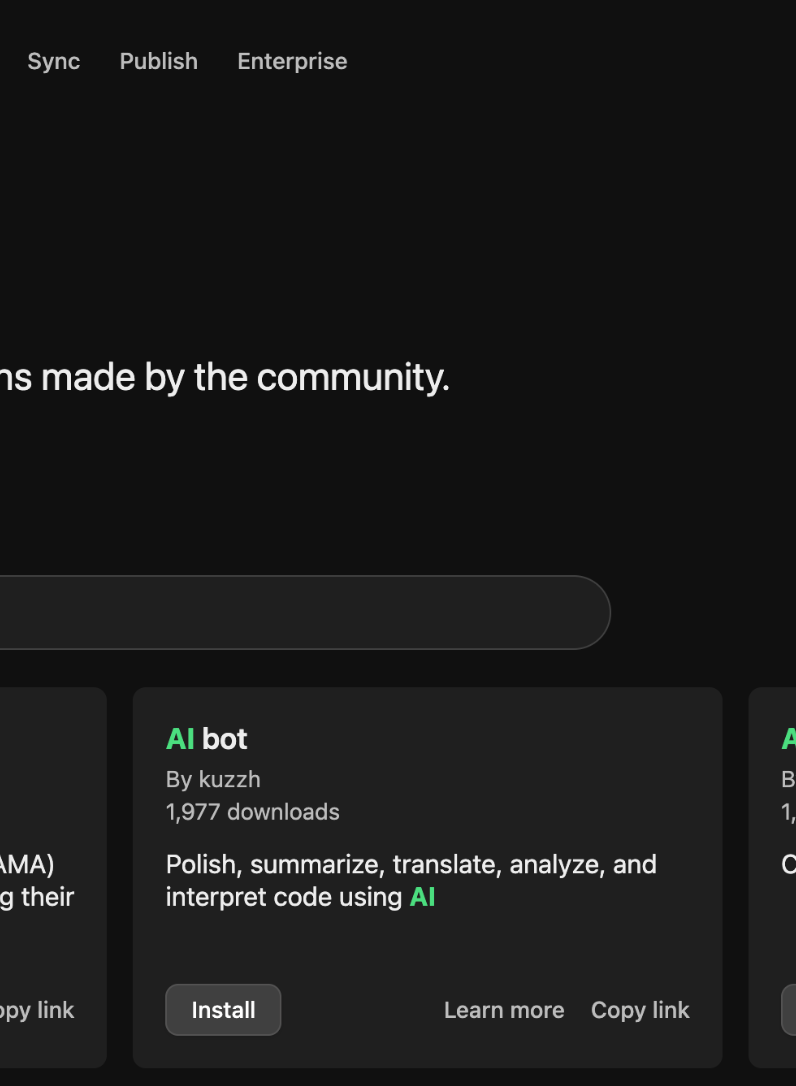 Obsidian community plugins page showing AI writing and chat plugins
