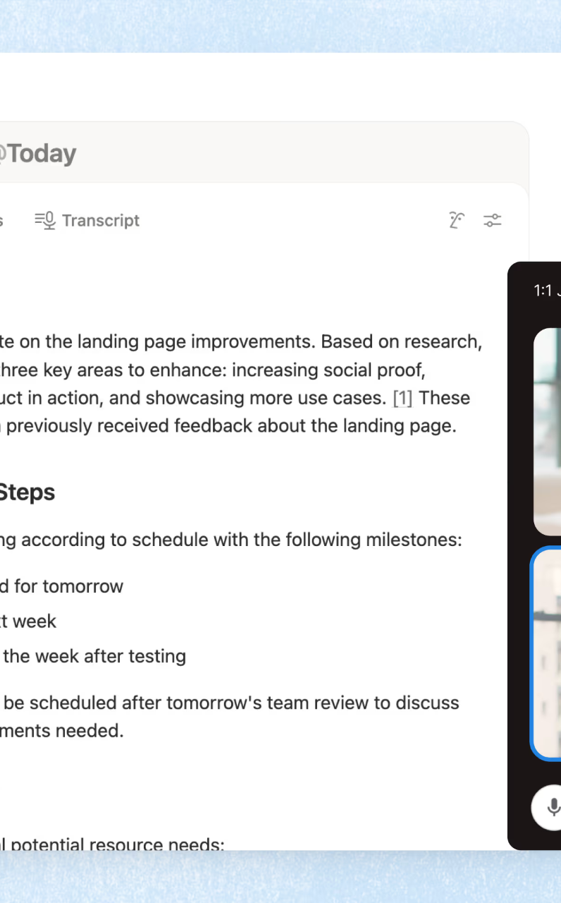 Notion AI meeting note beside an active video call